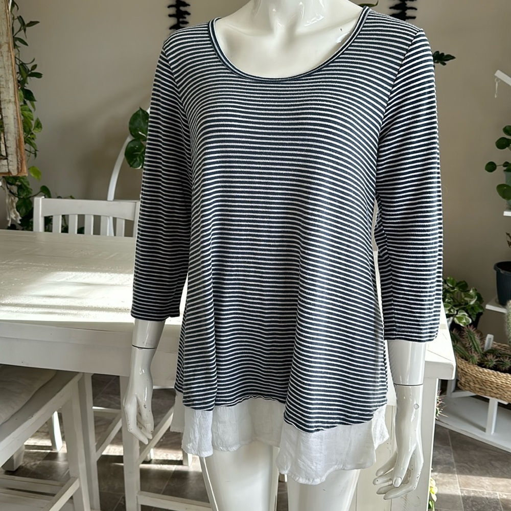Bobeau long sleeve, navy blue and white Boho shirt, layered crew neck
